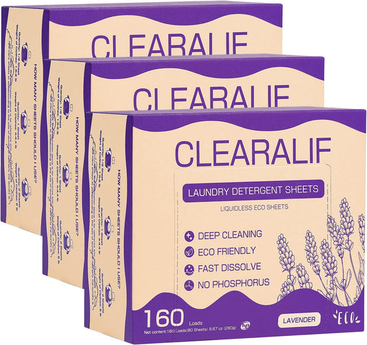CLEARALIF Laundry Detergent Sheets, Lavender,Up to 480 Loads - Great For Travel,Apartments, Dorms,Laundry Detergent Strips Eco Friendly & Hypoallergenic (Pack of 3)