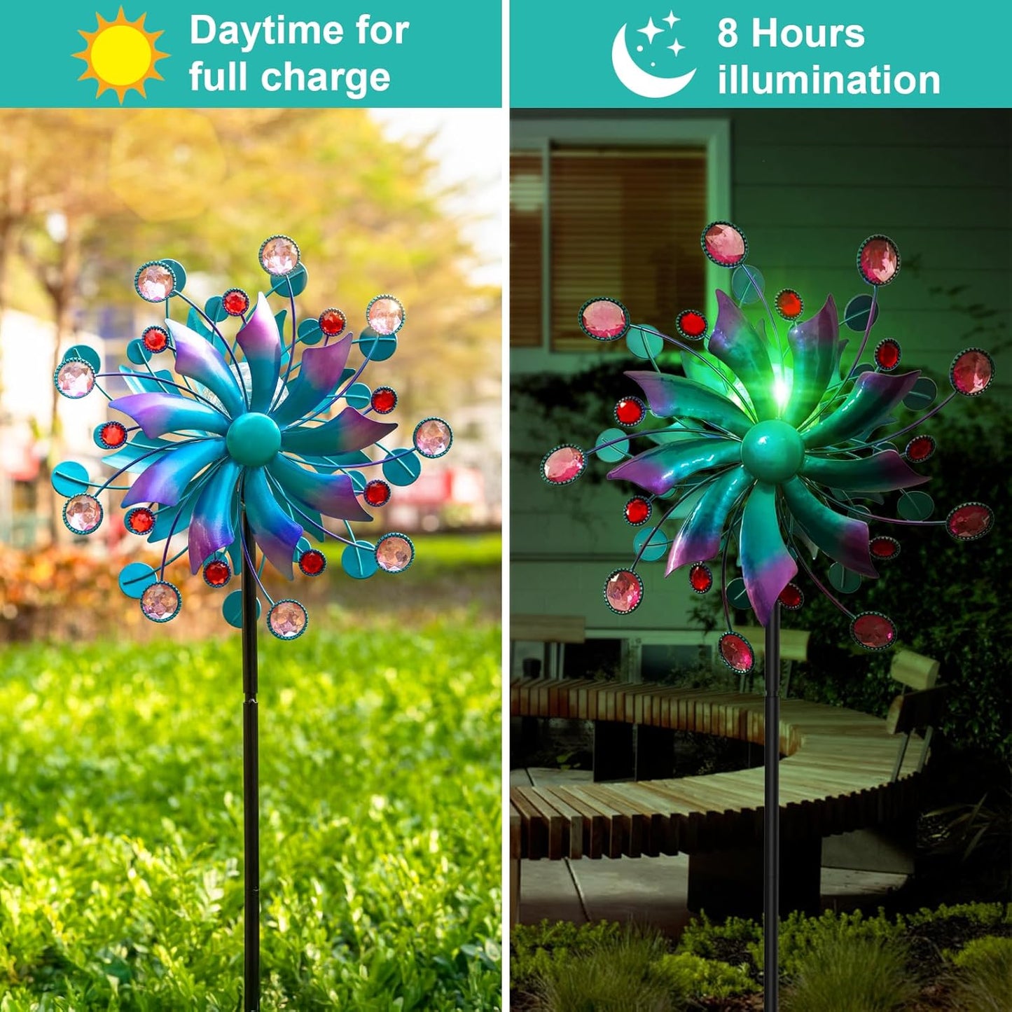 Solar Wind Spinners for Yard and Garden-60.6 Inch 360° Metal Wind Sculptures Outdoor Clearance Kinetic Windmills with Multi Color Led Glass Ball