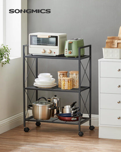 SONGMICS 3-Tier Metal Storage Rack with Wheels, Mesh Shelving Unit with X Side Frames, 23.6-Inch