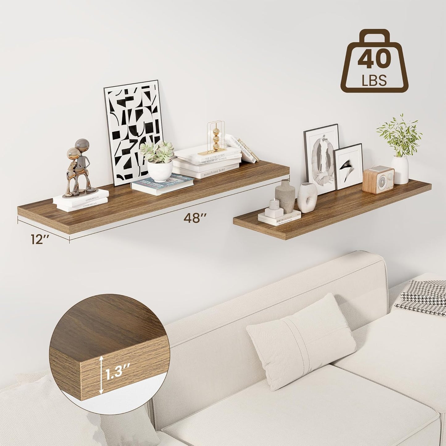 48" Floating Shelves for Wall, 12" Deep Slim Walnut Floating Shelves, Wall-Mounted Shelves for Bedroom, Living Room, Kitchen, Bathroom - Set of 2