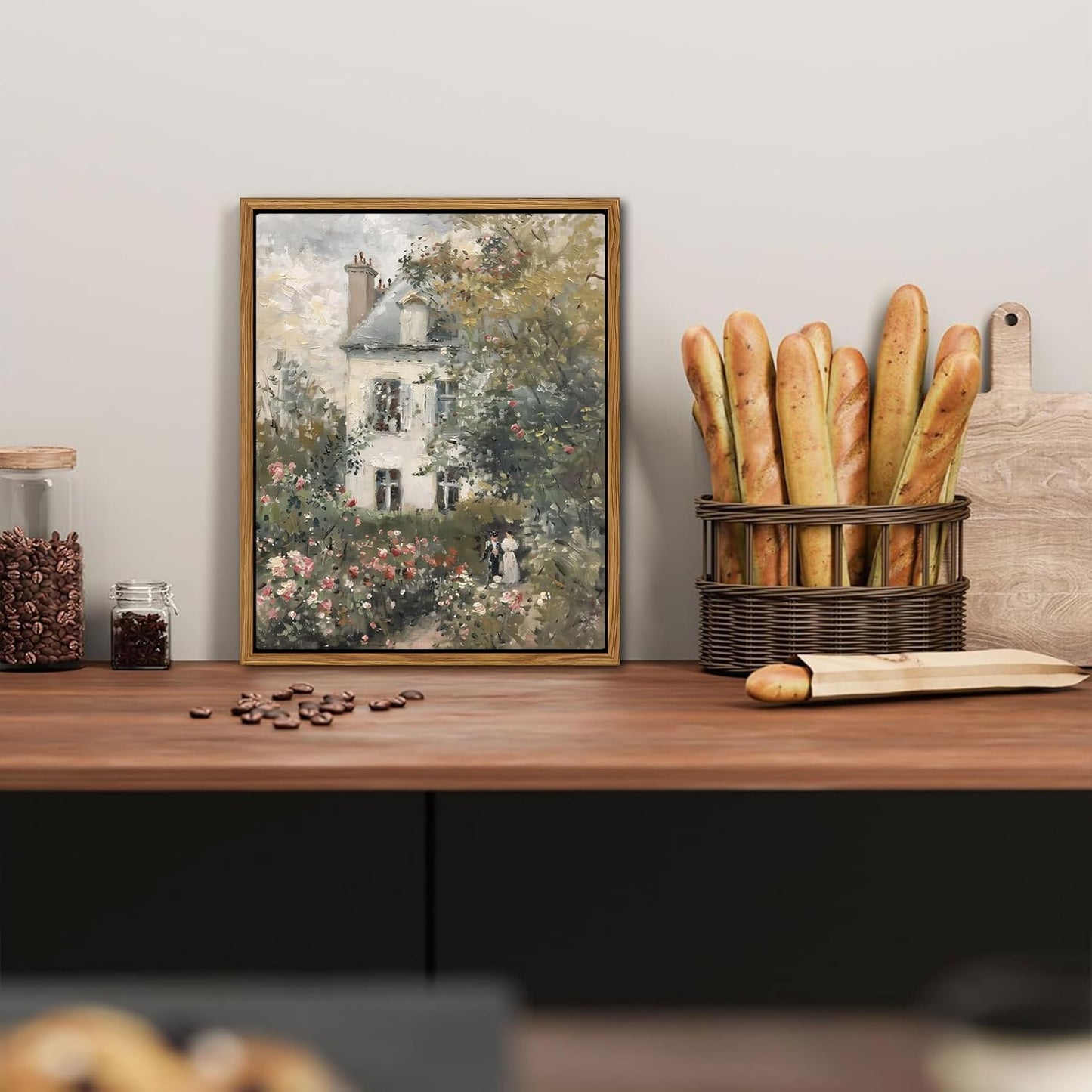 Floating Framed Canvas Vintage Wall Art, Neutral English Cottage Rose Garden Oil Paintings Print, Spring Pictures Wall Decor for Living Room Hallway Bedroom Office Rustic Decor 12x16 inch