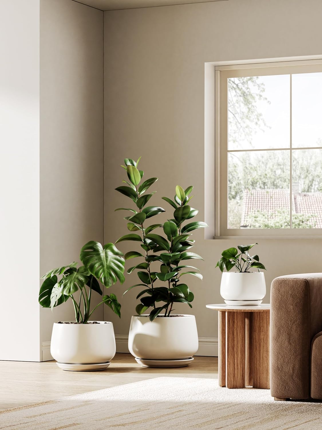 LE TAUCI Ceramic Plant Pots, Set of 2, 10 + 12 Inch Plant Pot, Elegant Planters for Indoor Plants, Sturdy Planter with Drainage Hole and Saucers, Perfect for Home Decor, White