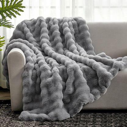 Cozy Bliss Faux Fur Throw Blanket for Couch, Fuzzy Soft Plush Thick Bubble Blanket for Sofa Bedroom Living Room,50 * 60 Inches Light Grey