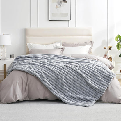 Amélie Home Faux Fur Throw Blanket for Couch, Cozy Fuzzy Fluffy Fur Luxurious Soft Striped Plush Gift Blankets for Family Sofa Chair Bed Living Room Bedroom, 60"x80", Light Grey