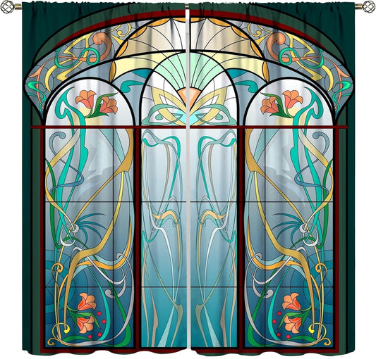 Stained Glass Curtains, Retro Mid Century Boho Abstract Art Home Decor Drapes for Bedroom Living Room Kitchen Window Treatment 2 Panels Set Total Size 42" W X 54" L Inch