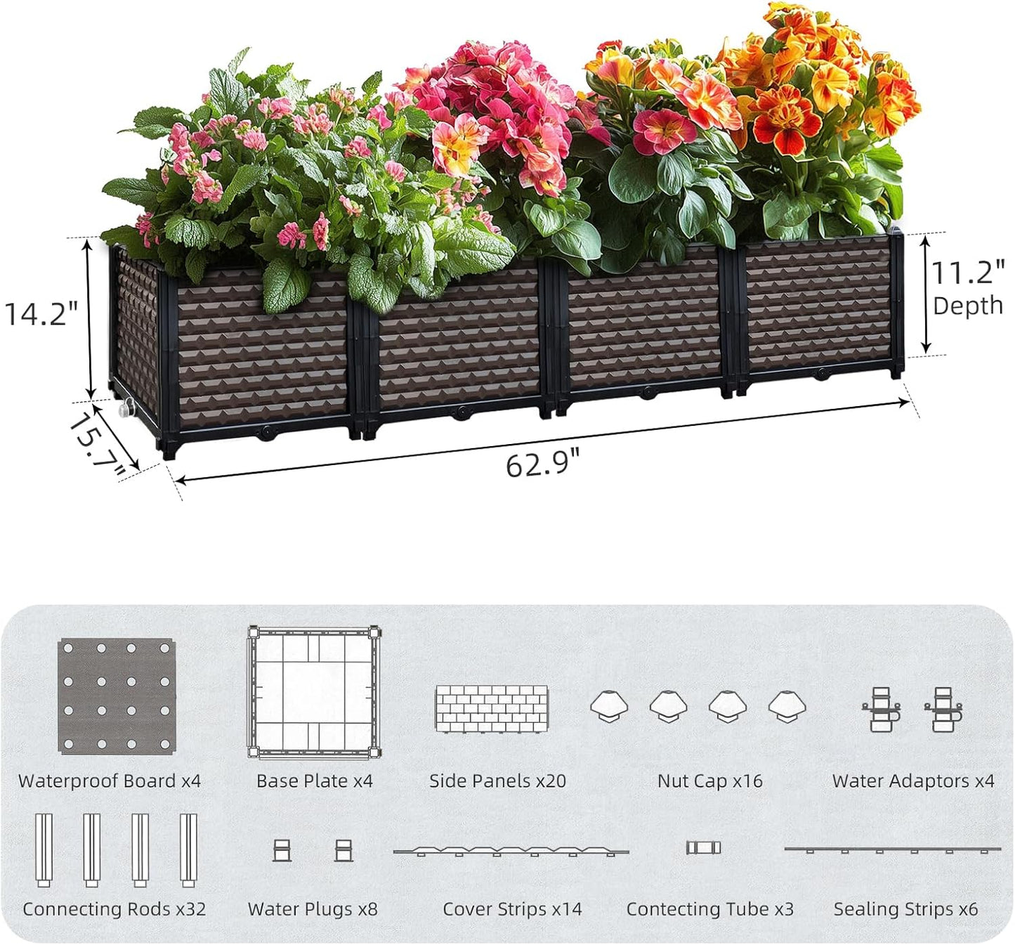 Large Planters for Outdoor Plants 14" Tall Planter Box, Raised Beds for Gardening Self Watering, Elevated Planter Box with Legs, Rectangular Garden Planters for Outdoor Plants Flowers, 62.9"L x 15.7"W