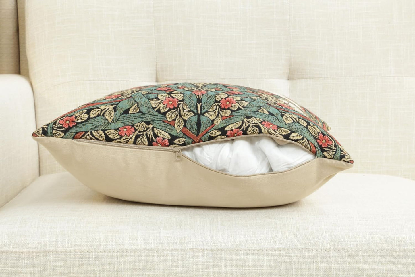 Charlotte Home Furnishings Pimpernel Red Green Floral Throw Pillow Cover 18” x 18” – Double-Sided Tapestry Cushion Cover for Couch, Sofa, or Bed | 100% Cotton Jacquard Woven in Europe