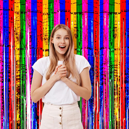 3 Pack 3.3x8.2 Feet Rainbow Foil Fringe Backdrop Curtains, Tinsel Streamers Birthday Party Decorations, Fringe Backdrop for Graduation, Baby Shower, Gender Reveal, Disco Party