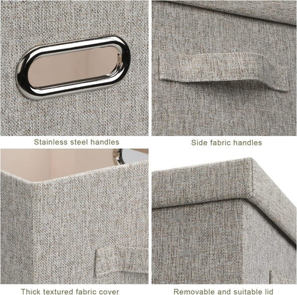 Medium 15" 21 Quart Collapsible Stackable Storage Bins with Lids, 5 Packs Beige Foldable Fabric Closet Boxes Heavy-duty Lidded Linen Cube Baskets Container Organizers and Storage