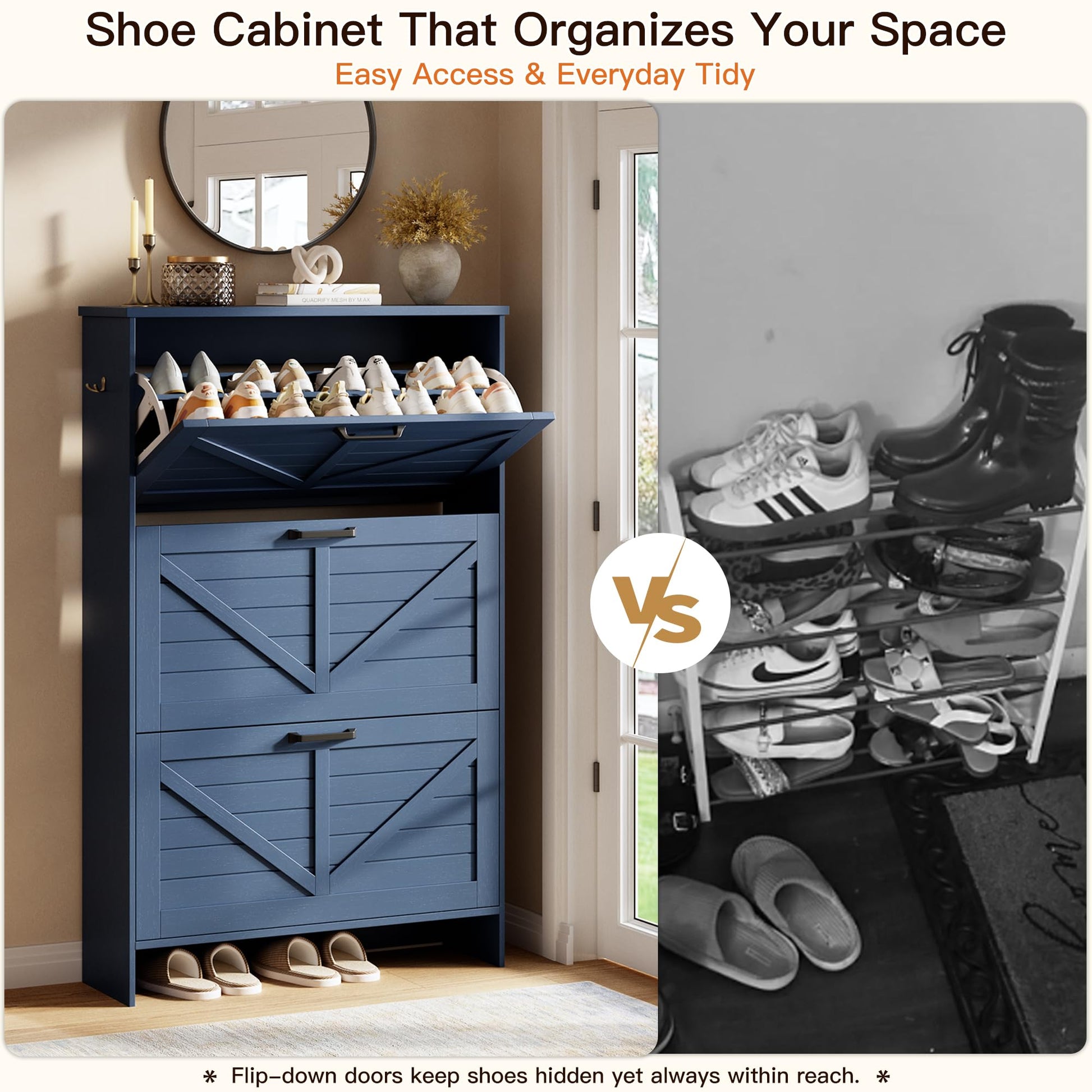 Nicetree Farmhouse Blue Shoe Cabinet – Ultra Slim 3-Drawer Flip Organizer with Shaker Barn Door