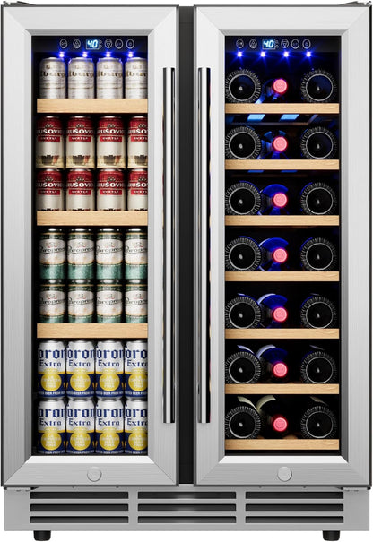 24" Wine and Beverage Refrigerator, Dual Zone Wine Cooler with Glass Door, Hold 88 Cans & 21 Bottles, Built in or Freestanding Under Counter Wine Fridge with Blue LED Light.