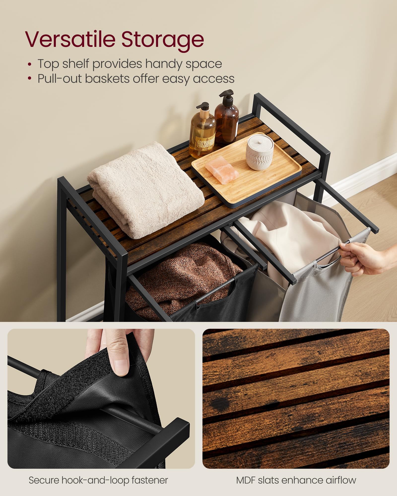 VASAGLE Laundry Hamper, Laundry Basket, Laundry Sorter with 2 Pull-Out and Removable Bags, Shelf