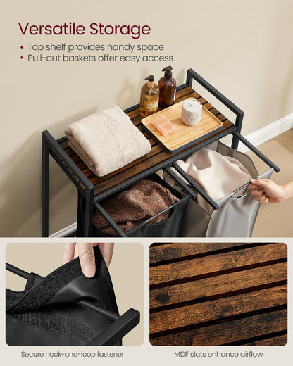 VASAGLE Laundry Hamper, Laundry Basket, Laundry Sorter with 2 Pull-Out and Removable Bags, Shelf