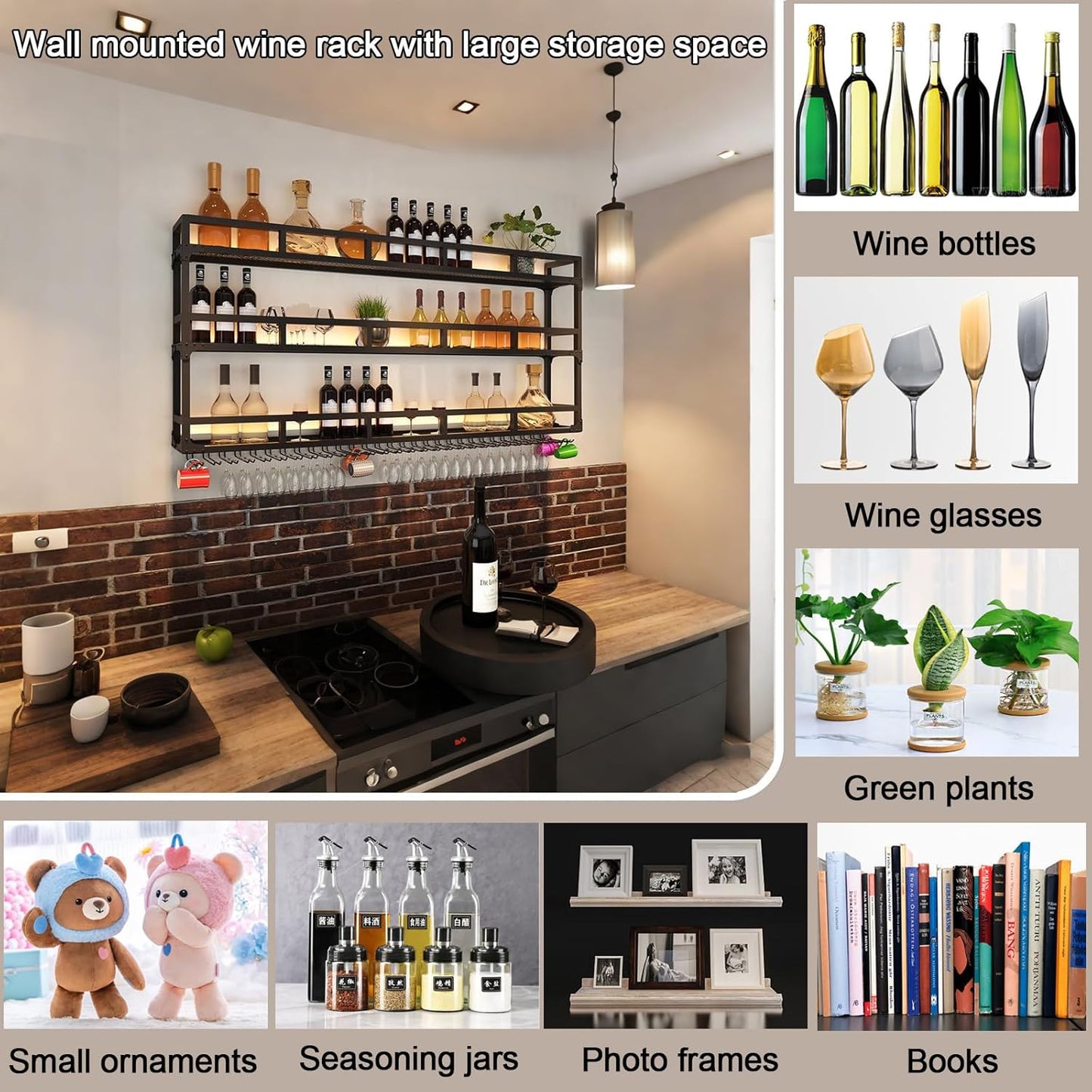 Modern Wine Rack Wall Mounted With Glass Holder,3-Tier Bar Liquor Shelf,Black,Metal Large Capacity Hanging Wine Storage Racks,Iron Floating Bar Shelves For Liquor Bottles,For Kitchen Dining Room