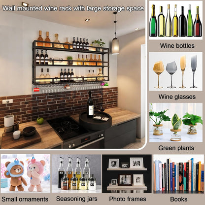 Modern Wine Rack Wall Mounted With Glass Holder,3-Tier Bar Liquor Shelf,Black,Metal Large Capacity Hanging Wine Storage Racks,Iron Floating Bar Shelves For Liquor Bottles,For Kitchen Dining Room