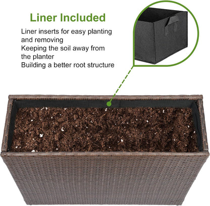 LEWIS&WAYNE Large Rectangular Block Planter Box Handmade Wicker Tall Planters for Outdoor Plants with Removable Liners Modern Planter for Indoor Outdoor Patio Deck - Brown, 32''x11''x24''