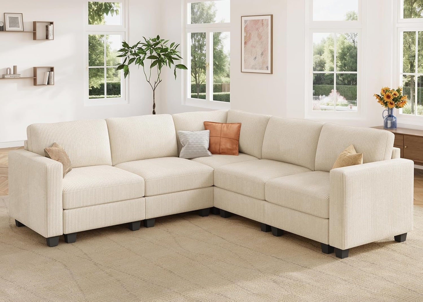 HONBAY Corduroy Modular Sectional Sofa with 5 Seaters, Sectional Corner Sofa with Chaise, L Shape Couches for Living Room, Beige