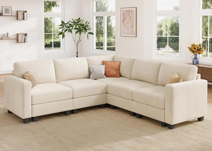 HONBAY Corduroy Modular Sectional Sofa with 5 Seaters, Sectional Corner Sofa with Chaise, L Shape Couches for Living Room, Beige
