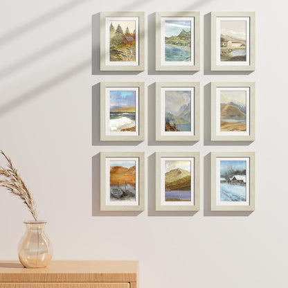 Vittanly 5x7 Picture Frames Set of 9, Shatter Resistant Plexiglass, Display 4x6 Pictures with Mat or 5x7 without Mat, Photo Frames for Wall or Tabletop, Engineered Wood, Whitemist