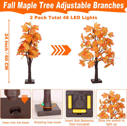 2 Pack 24 Inch Prelit Fall Maple Tree Fall Decor with 48 LEDs Timer Battery Operated Artificial Fall Light Up Tree Maple Acorn for Fall Thanksgiving Decorations Table Home Office Indoor Autumn Harvest