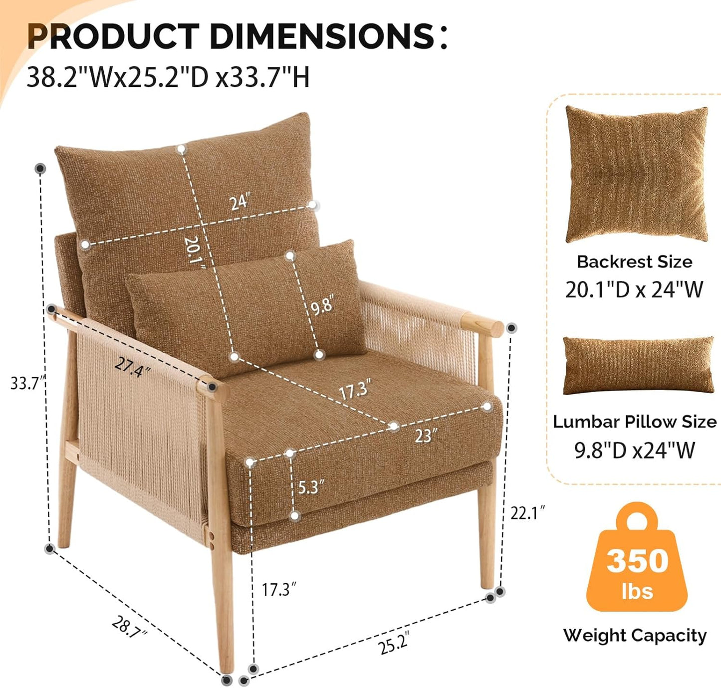 VINGLI Boho Braid Accent Armchairs Set of 2,Mid-Century Modern Chiars with Solid Wooden Armrest,Comfy Louge Cushion Chairs with Waist Pillow for Bedroom,Living Room,Reading Room, Khaki