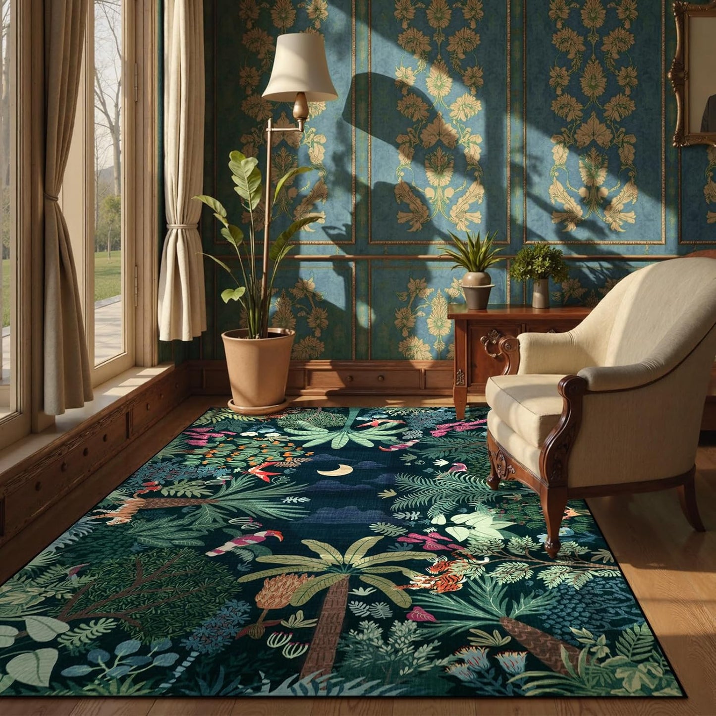 LIVEBOX 6x9 Jungle Dark Rug Dining Room Rugs for Under Table, Soft Modern Green Rugs for Living Room, Washable Kids Rug for Boy Bedroom, Non-Skid Kids Carpet Playmat for Play