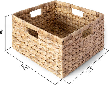 Large 14.5” x 13.5” x 8” (Set of 3) Natural Water Hyacinth Woven Storage Baskets, Rectangular Wicker Basket with Built-in Handles, Large (Natural)
