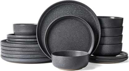 Famiware Milkyway Plates and Bowls Sets, 18 Pieces Dinnerware Sets, Reactive Glaze Dish Set, Stoneware Dishes Set for 6, Matte Dark Charcoal