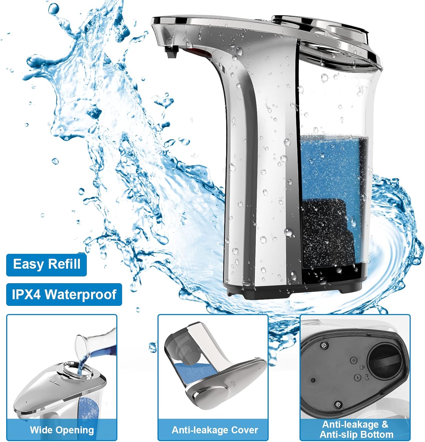 Automatic Soap Dispenser, Touchless Dish Soap Dispenser 17oz/500ml with Upgraded Infrared Sensor, 5 Adjustable Soap Dispensing Levels, Liquid Hand Dispenser for Bathroom (Silver Set)