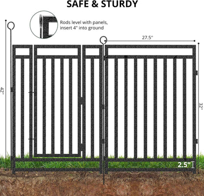 Decorative Garden Fence Metal Dog Fence Outdoor for Yard, 36ft (L) × 32in (H), 14 Panels + 2 Gates, Rustproof Animal Barrier Fencing for Patio & Flower Bed, No Dig, Black-Silver