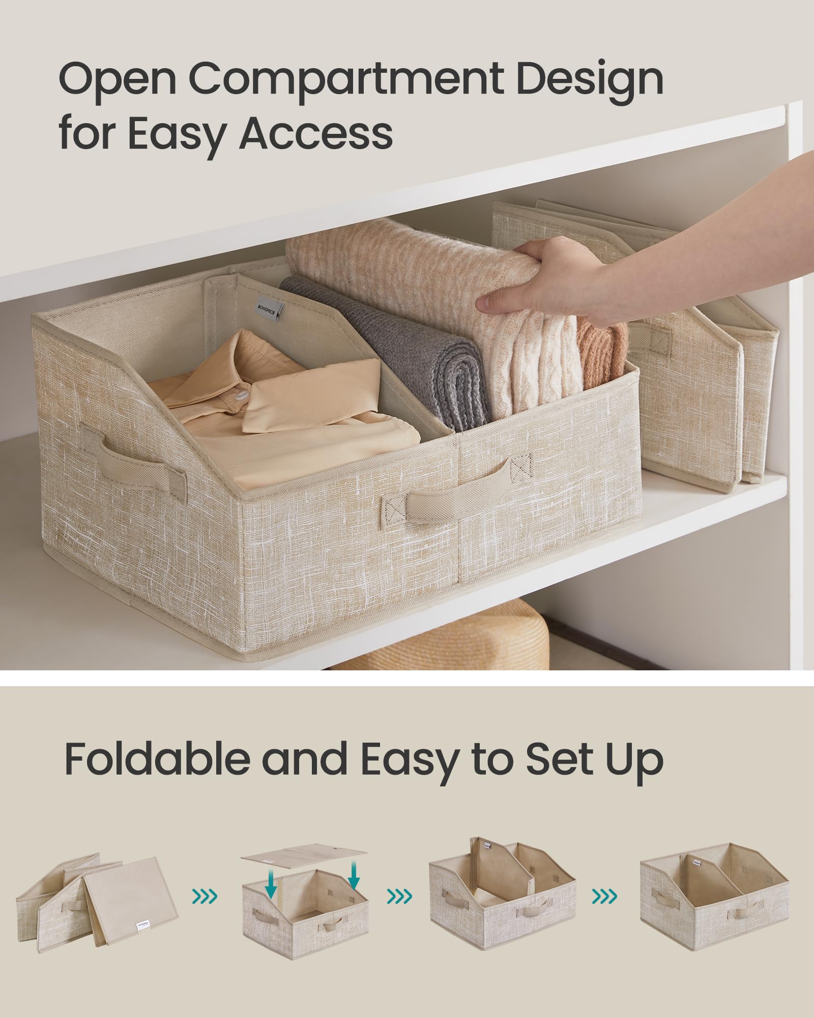 SONGMICS Storage Baskets, Set of 6, Foldable Closet Organizer for Shelves