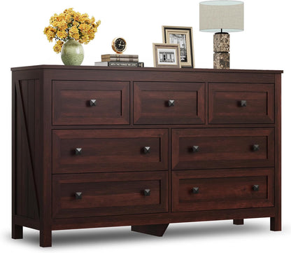 WLIVE Farmhouse Dresser for Bedroom, 51.18'' Wide 7 Drawer Wood Dresser, TV Stand for 65 inch TV, Wooden Chest of Drawers for Bedroom, Modern Clothes Organizer for Living Room, Hallway, Rustic Brown