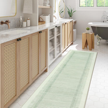 Wonnitar Washable Green Striped Runner Rug for Hallway 2'6"x8', Non-Slip Soft Runner Rug for Bedroom, Low Pile Minimalist 8ft Carpet Runner for Bathroom Laundry Kitchen (Green, 2'6" x 8')