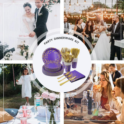 AIRE 350PCS Purple Gold Paper Plates Party Supplies for 50 Guests Party Decorations Disposable Dinnerware Paper Plates Cups Napkins Gold Plastic Forks Knives Spoons for Birthday Baby Shower Wedding