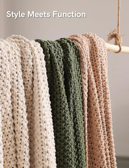 YnM Chunky Cotton Knit Throw Blanket, Cable Knit Throws for Bed Couch Sofa, Comfy & Relaxing, Decorative Piece for Farmhouse Modern Boho Rustic Scandinavian Chic Vibe, Cream White 80x87 Inches