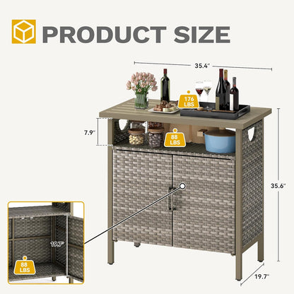 DWVO Patio Storage Cabinet, Outdoor Buffet Cabinet with Two Doors and Shelves, Outdoor Storage Table with PE Rattan for Patio, Backyard, Garden - Light Brown