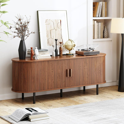 TV Stand with Power Outlet, Mid-Century Modern Television Stand, Media Console with Sliding Doors, Entertainment Center for TVs up to 60 Inch, Adjustable Shelves, Walnut