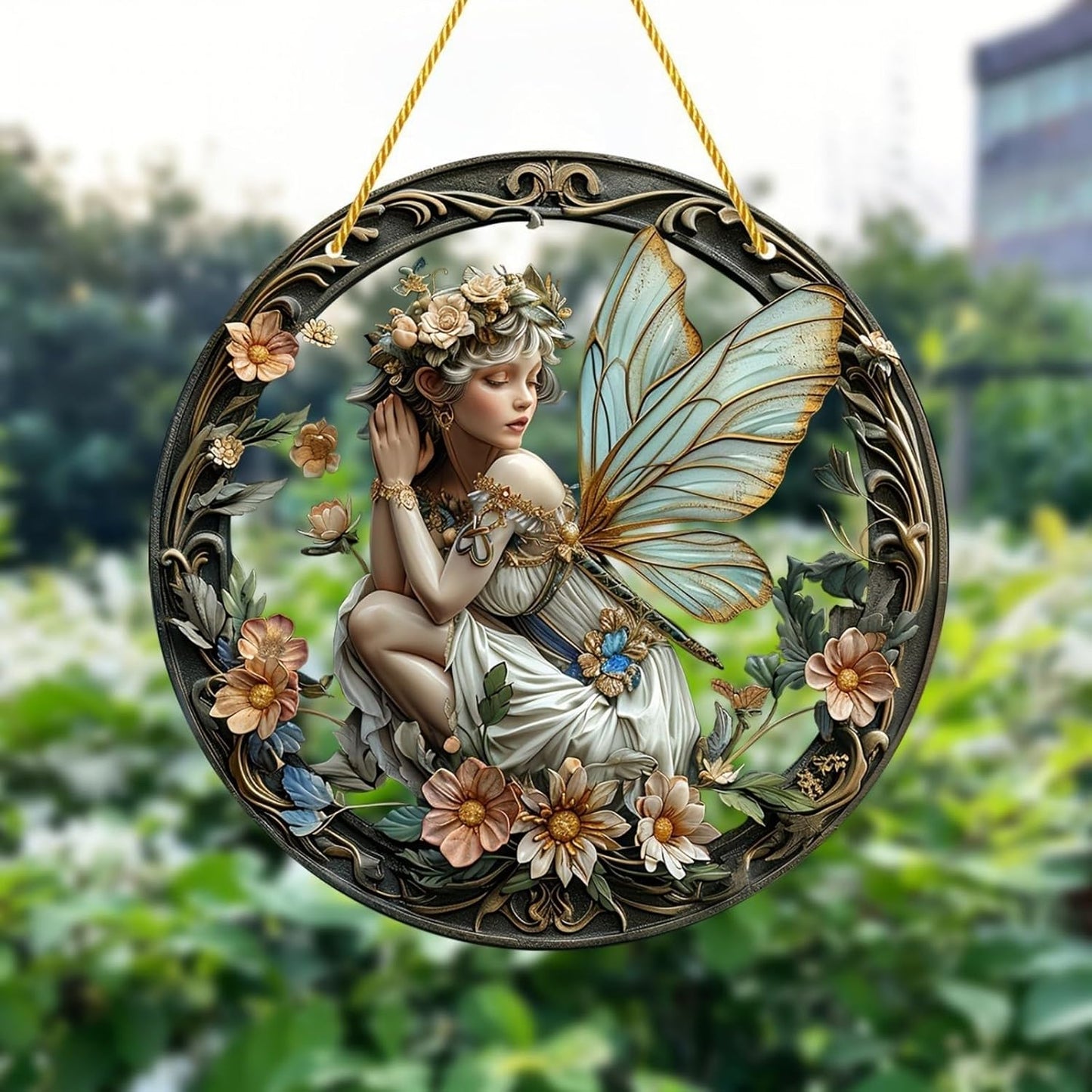 Flower Fairy Garden Decorations Angel Wing Christmas Halloween Deco Statue Art Elf Sculpture Hanging Craft for Outdoor Yard Courtyard Lawn Patio Window Acrylic Ornament Home Gift (A,S: 6*6 IN)