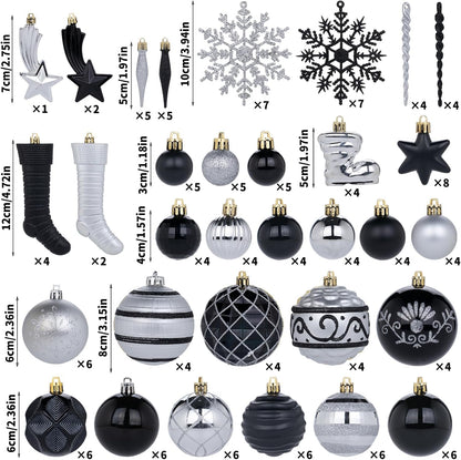 150PCS Black and Silver Christmas Ornaments - Shatterproof Ball Set, Assorted Baubles Hanging Decorations for Xmas Tree, Home, Festival, Party, Wedding
