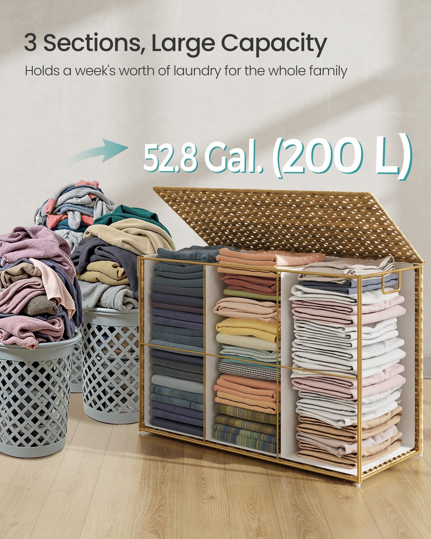 SONGMICS Laundry Hamper with Lid, 52.8 Gal (200 L) Synthetic Rattan,Foldable