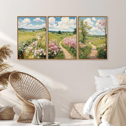 Tinonedraw Rustic Landscape Framed Canvas Wall Art Triptych, Blue and White Wall Decor, Vintage Botanical Floral Artwork, Modern Country Nature Farmhouse Art Prints for Living Room Bedroom 16"x24"x3