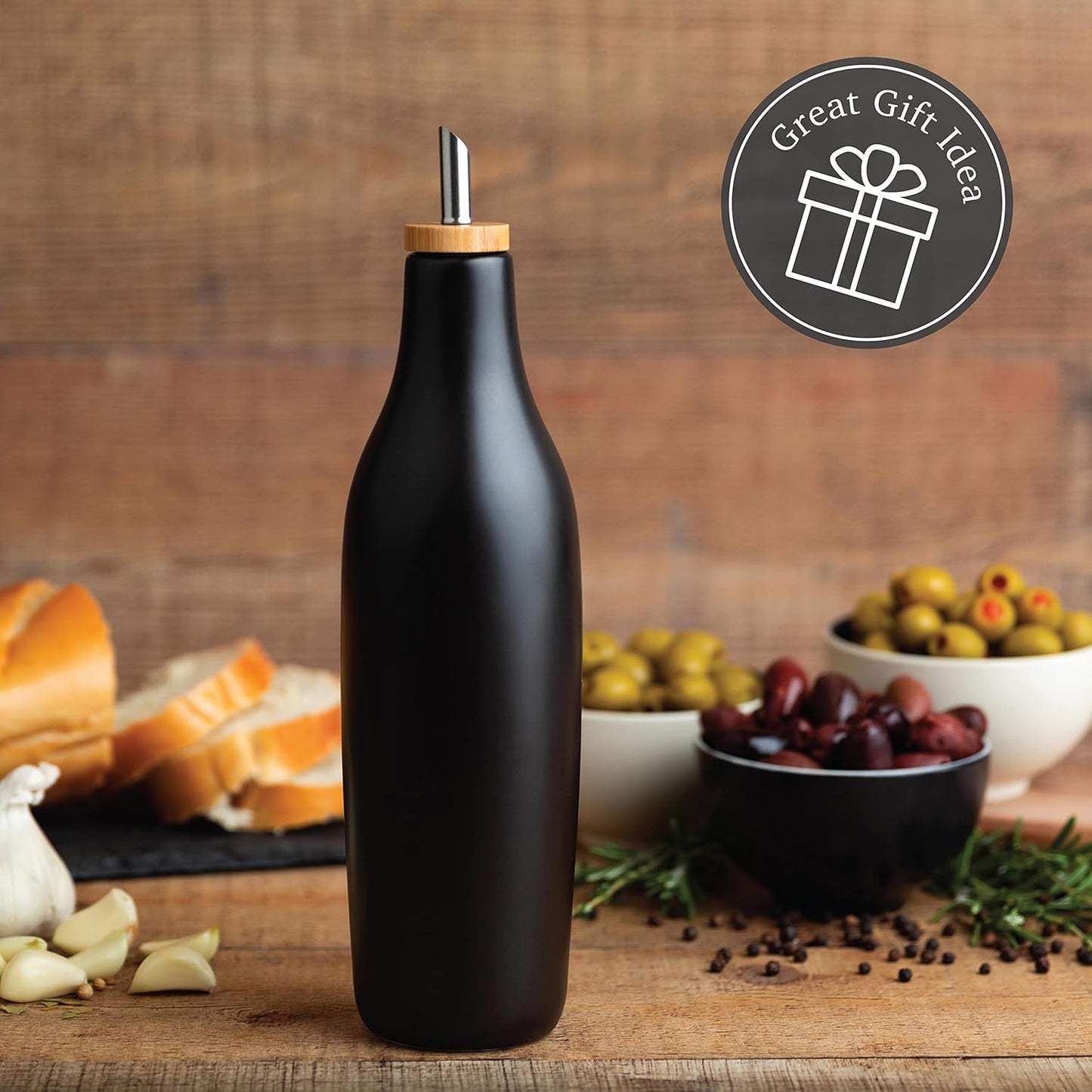 Black Ceramic Olive Oil Dispenser Bottle 16 Oz Container for EVOO or Vinegar, Kitchen Counter Design