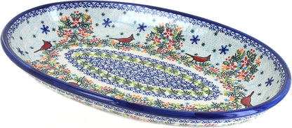 Blue Rose Polish Pottery Winter Cardinal Oval Platter