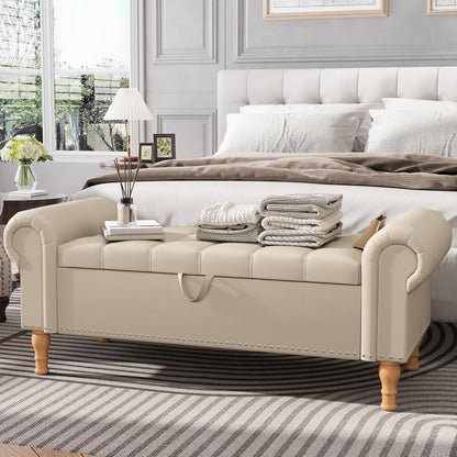Apicizon 51”Storage Ottoman Bench, Soft Faux Leather Indoor Bench with Rolled Arm and Vintage Rivets, Large Storage Chest for Bedroom, Living Room, Entryway，Beige+Natural Legs