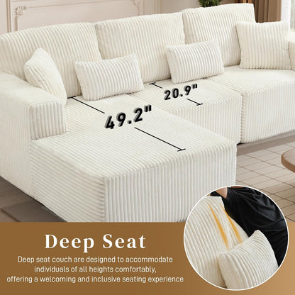 HYJT-H&K Modular Sectional Sofa Cloud Sectional Couch, 107" Comfy Fluffy L Shaped White Couches for Living Room, Deep Seat Memory Foam Plush Corduroy Boneless Couch Sectionals Left Facing Chaise Sofa