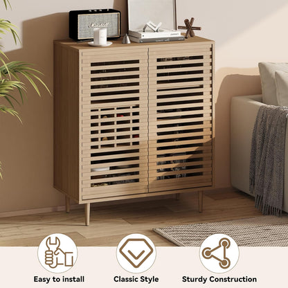 Mid Century Bar Cabinet with Wine Racks, Modern Liquor Cabinet with Slatted Doors for Dining Room, Living Room (Natural Color)