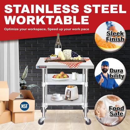 DuraSteel Food Prep Stainless Steel Table - 30 x 24 Inch Commercial Metal Workbench with Adjustable Under Shelf - NSF Certified - for Restaurant, Warehouse, Home, Kitchen, Garage