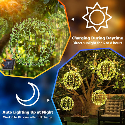 Solar Powered Hanging Iron Sphere Lights with Artificial Greenery – 12Inch 120 LED Waterproof Outdoor Decor Ball Light with Timer & 8 Modes – 2 Pack for Garden, Christmas, Weddings (Warm White)