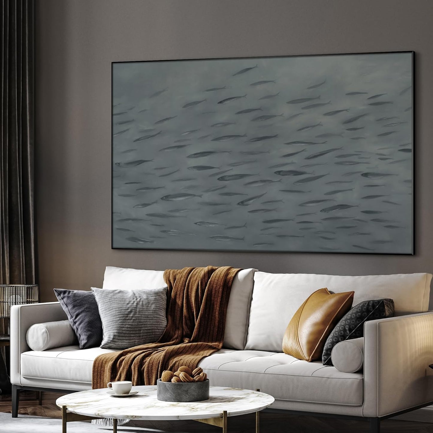 SIGNWIN 46"x72" Extra Large Framed Wall Art Gray School of Fish Minimalist Ocean-Inspired Marine Life Illustration for Home Living Room Bedroom Decor (Frame Assembly Required)