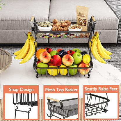ANTOPY 2 Tier Fruit Basket with 2 Banana Hangers, Countertop Fruit Vegetable Basket Bowl for Kitchen Counter Metal Mesh Basket Fruits Stand Produce Holder Organizer for Onion Potato Bread Snack Veggie